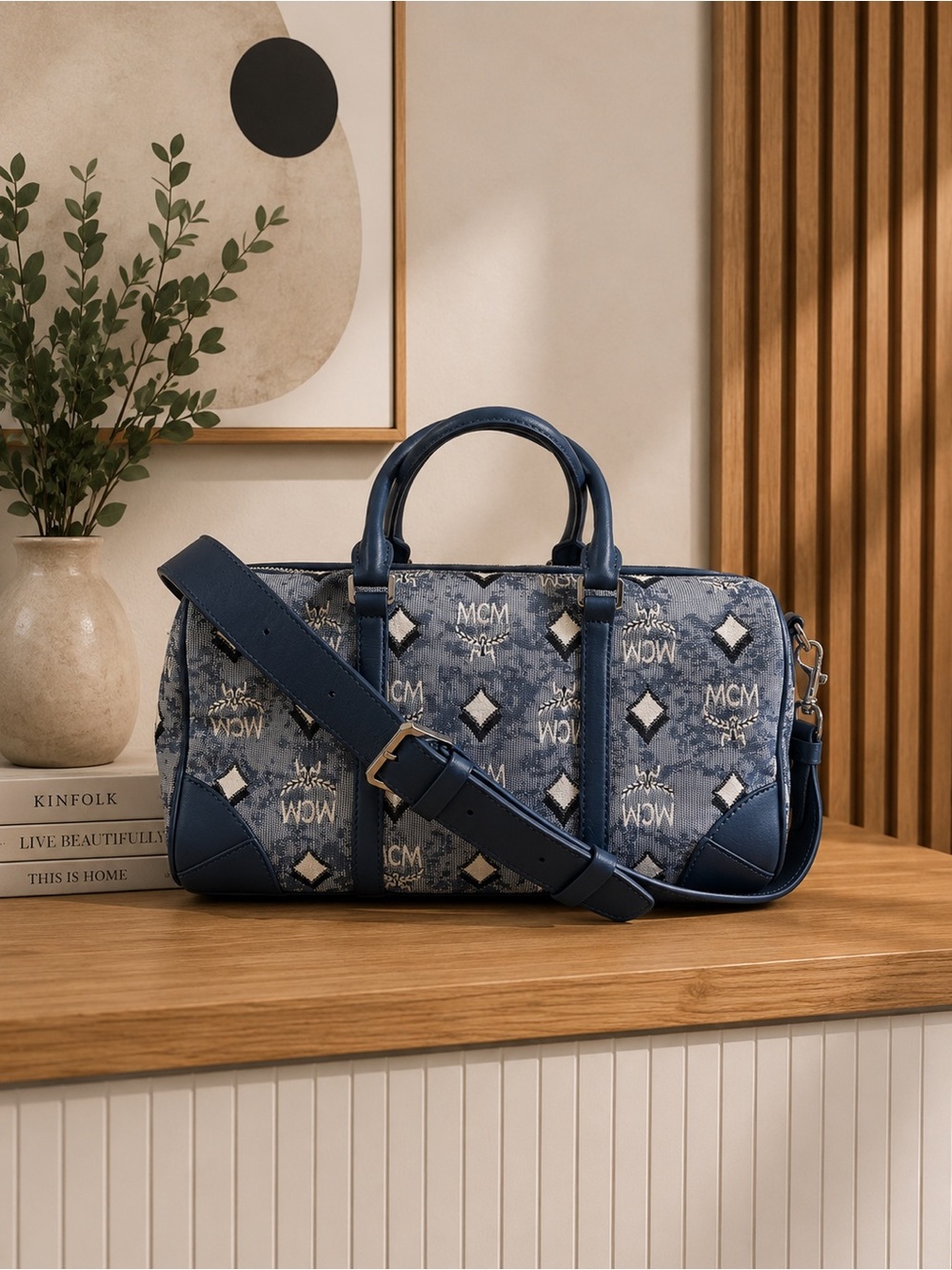 MCM Blue Denim Medium Visetos Boston Bag w/Crossbody Strap